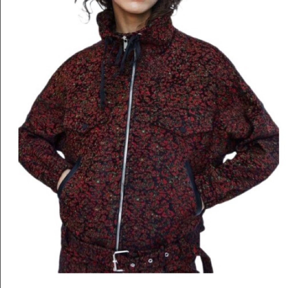 NWT Red White Jacquard Animal Print Moto Cropped Jacket Size: XS
